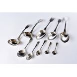 A group of 19th century and later silver flatware, including a pair of George IV tablespoons, a