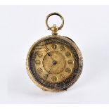 A 19th century continental gold cased lady's open faced pocket watch, engraved dial with Roman