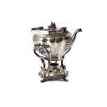 An interesting Victorian silver plated kettle on stand, the large teapot with swing handle having
