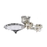 A Victorian silver calling card tray JA GA, together with a Victorian silver jam basket from