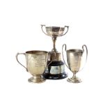 Three George V and later silver presentation twin handled trophy cups, one octagonal on twin stepped