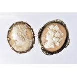 A Victorian carved shell cameo brooch and another, both in pinchbeck mounts (2)