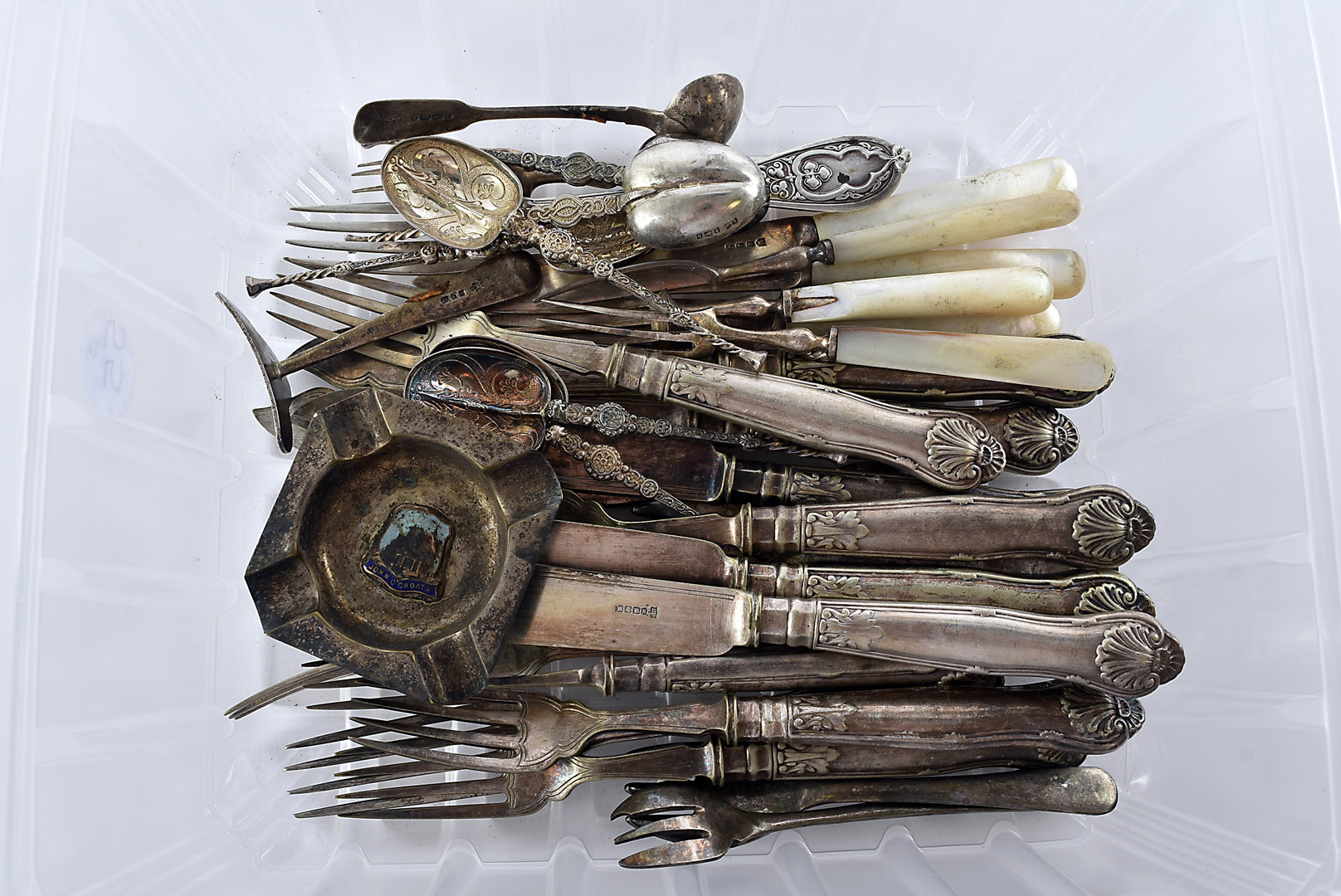 A collection of silver and plated flatware, including six silver teaspoons, a silver fork, feeding - Image 2 of 2