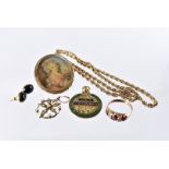 Six items of gold and yellow metal jewellery, including a 9ct gold and enamel bowls medal, 6.5g, a