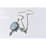 A vintage 9ct gold and opal pendant and earring suite, the drop earrings with three round opals on