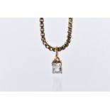 A modern 9ct gold chain with pendant, box link chain with loop and t bar clasp, supporting a CZ