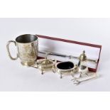 An Edwardian and later silver Christening tankard, together with a three piece silver cruet set, a