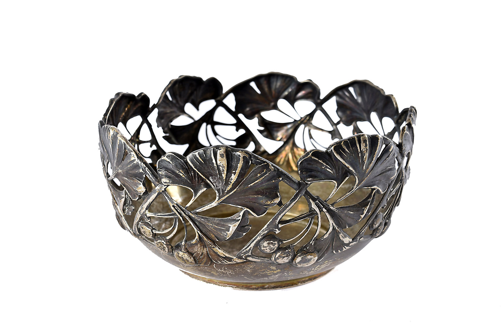 An Art Nouveau period German silver bowl, having pierced leaf and berry design, marked 800,