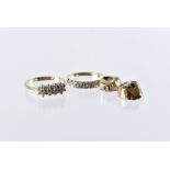 Two modern 9ct gold and diamond set rings and two gold teeth, one a half hoop style, the other a