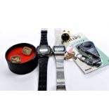A 1980s James Bond digital wristwatch and related 007 items, the stainless steel For Your Eyes