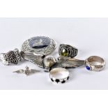 Seven silver and white metal items of jewellery, including a US Paratrooper / Marine style brooch