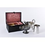 A collection of jewellery and silver plated items, including a gilt necklace, a jewellery box with