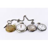 A group of four pocket watches, including two Victorian examples, one with plated chain, a