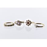 A group of four gold and gem set rings, including an 18ct gold solitaire, 1.9g, and three 9ct gold