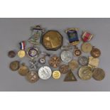 A large collection of various medals and medallions, including a WWII US Victory medal, Masonic
