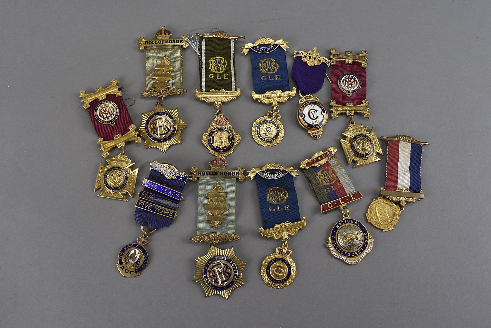 A group of eleven Masonic jewels, comprising Roll of Honor, National Convalescent Fund, Manchester