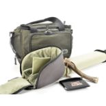 Angling Equipment, a Orvis double rod bag with reinforced sleeves for rod protection and reel