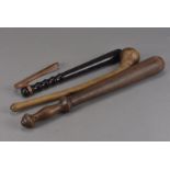 A late 19th century/early 20th century wooden Shillelagh, together with a Hiatt & Co truncheon and