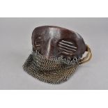 A WWI tank driver's splatter mask, the 'medieval' style face mask with leather body and iron slatted