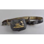 A Victorian Royal Artillery Officer's leather shoulder ammunition pouch and belt, the black hard