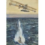 An interesting WWI watercolour, entitled 'Seaplane v Submarine', showing ariel bombing of an enemy