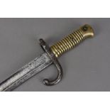A French Yataghan sword bayonet, used with the M1866 Chassepot Needle-Fire rifle, unmarked to spine,