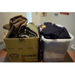 A large collection of uniform tops and trousers, various ages, including Army, Navy and RAF, British