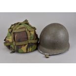 A US military helmet, having British liner, together with a modern GS Mk6 helmet with camo cover (2)