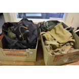 Two boxes containing various military bags and equipment,, including side bags, drinks containers,