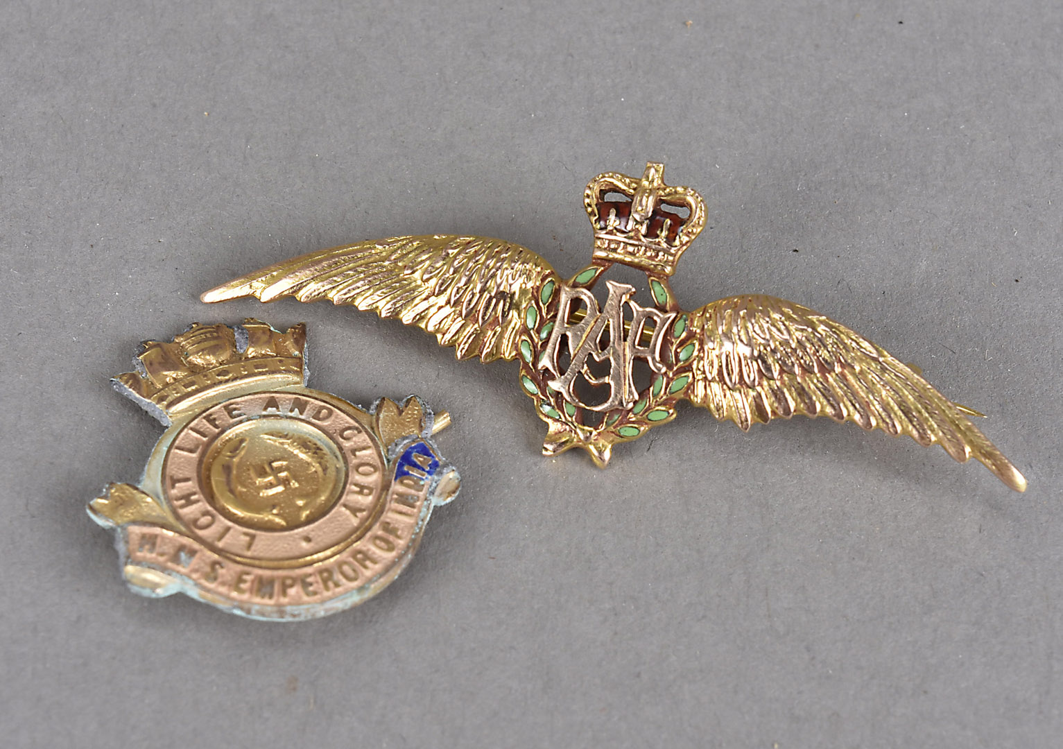 A 9ct gold RAF Sweetheart brooch, together with a 9ct gold H.M.S Emperor of Indian badge, missing