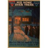 His Home Over There, this YMCA/YWCA poster, showing a group of soldiers approaching a warmly lit