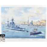Edwin Galae print, entitled 'Showing the Flag', depicting HMS Hood and HMS Barham leaving the