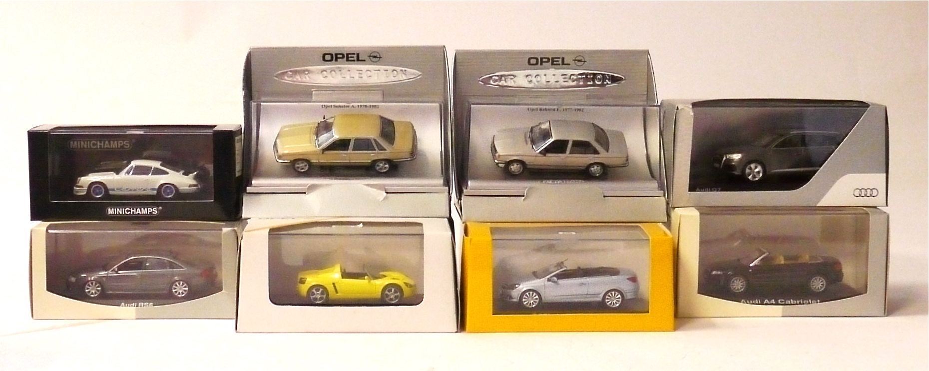 Minichamps, majority are Vauxhall and Audi dealer models, including a Audi RS6, Porsche 911