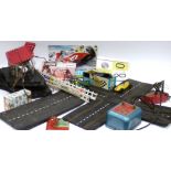 Early Scalextric Cars and Track, two tinplate examples, both incomplete, three Tri-ang plastic cars,