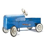 1950's Pressed Steel Pedal Car, similar to Tri-ang Duke, blue with white steering wheel, white metal