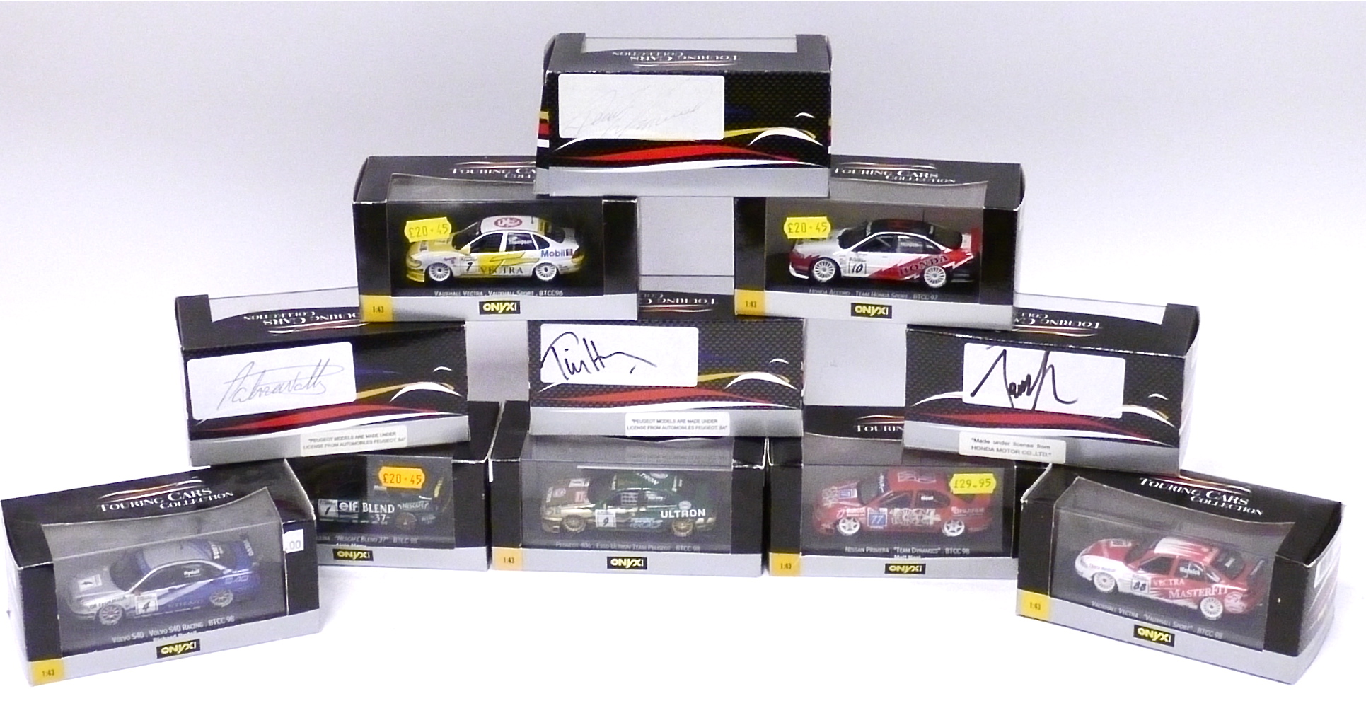 Autographed ONYX BTCC Touring Cars, including a XT104 Honda Accord BTCC 98 signed by Peter Kox and a