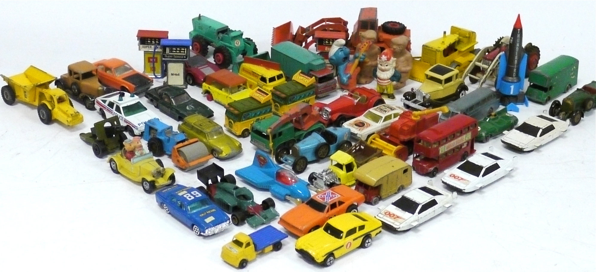 Large Collection of Playworn Diecast, various scale cars, emergency, industrial and commercial