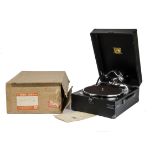 Portable gramophone, HMV: Model 102H, 1954, with 5b soundbox, black case, instruction card and lid