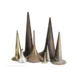 Phonograph horns, various sizes: two large, two smaller, and four other horns – 8 in-30 in. (8)