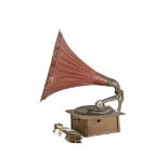 Horn Gramophone, un-named: with Thorens soundbox and fluted horn (plinth moulding detached)