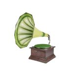 Horn Gramophone, un-named: with mahogany case and shaded lime-green horn (lacking tone-arm and