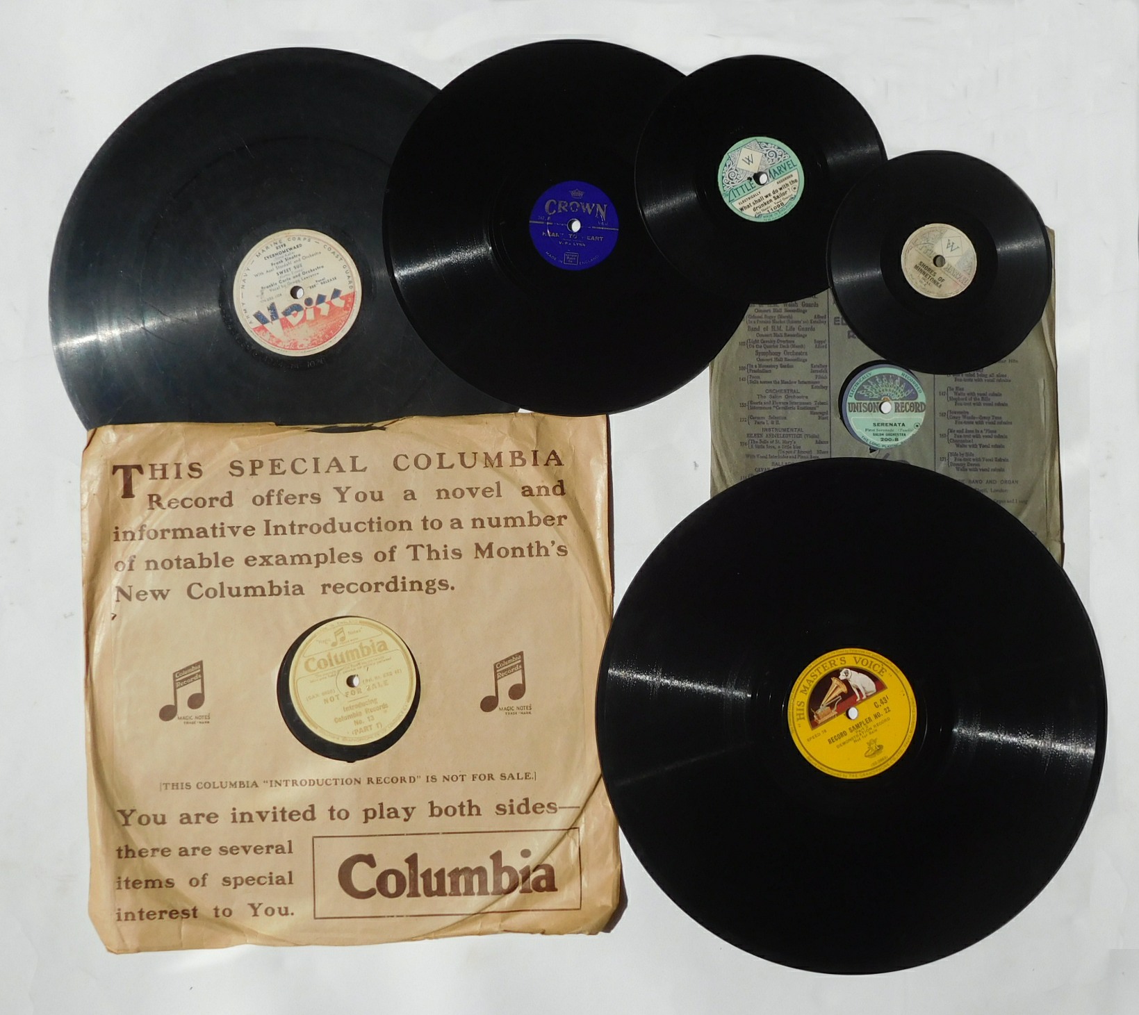 Miscellaneous records, various sizes: 17 HMV and Columbia Sampler records and 14 other 12-inch; 16