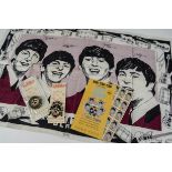 The Beatles, 1960s collectables, two Beatles Brooches on original backing cards, Irish linen tea