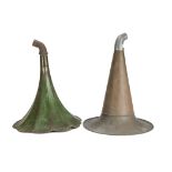 Gramophone horns: a small green horn, probably Pathé, with elbow; and a brass witch's hat horn