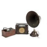 Radio, 3 items: a Revophone crystal set (no lid), with a set of headphones; a BT horn speaker; and a