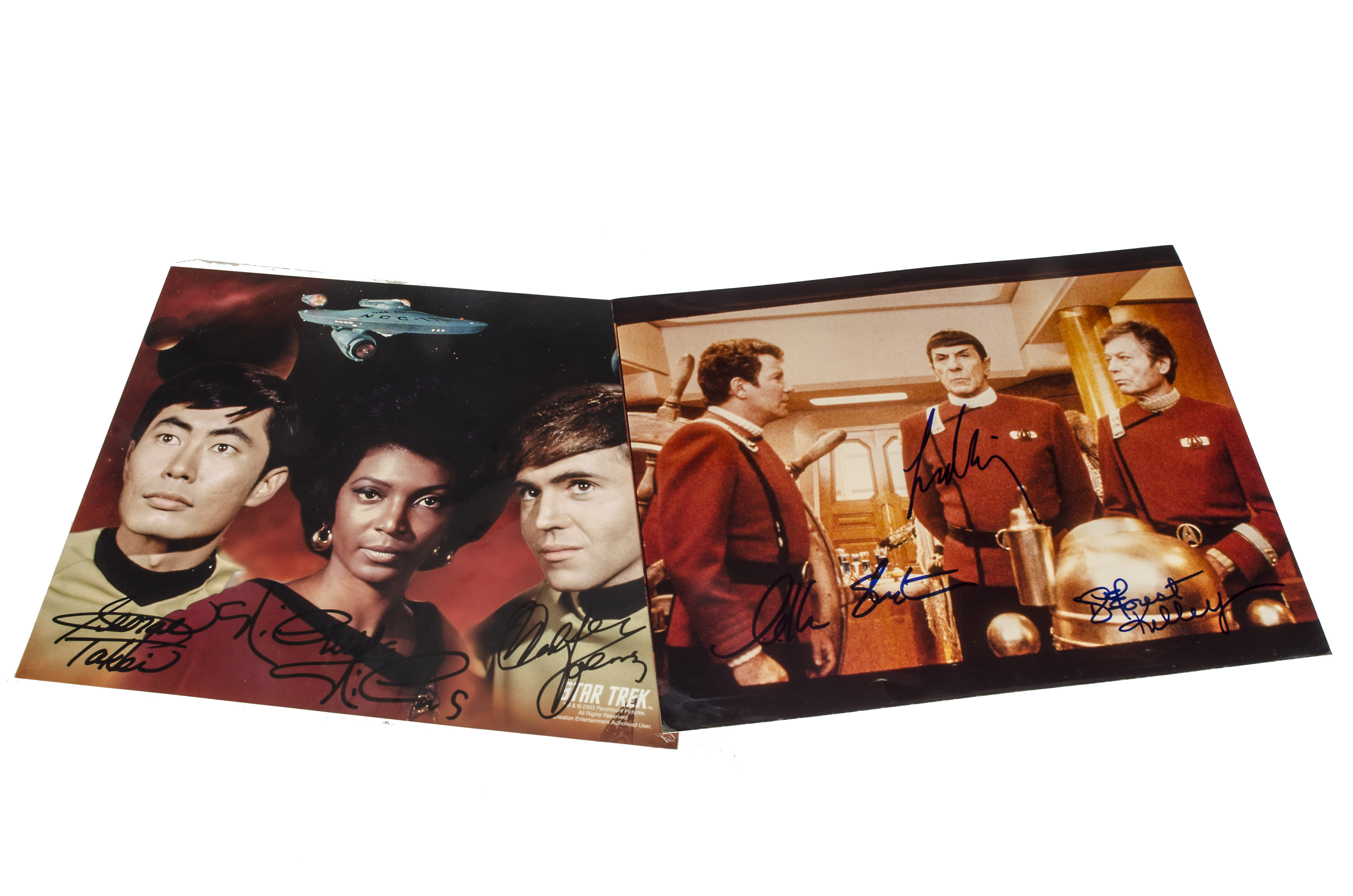 Star Trek/Autographs, two signed promotional prints of three characters in each, George Takei,
