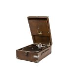 Portable gramophone, HMV: Model 101, in brown crocodile case, with brass-backed No 4 soundbox