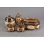 Two Doulton Lambeth stoneware tobacco jars and covers, one with silver rim decorated with Harvest