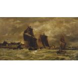 A 19th century oil on canvas harbour scene, of fishing boats flying the French ensign and boatmen