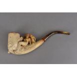 A 19th century Meerschaum pipe, modelled as Venus and Cupid, in original black leather case, 22 cm